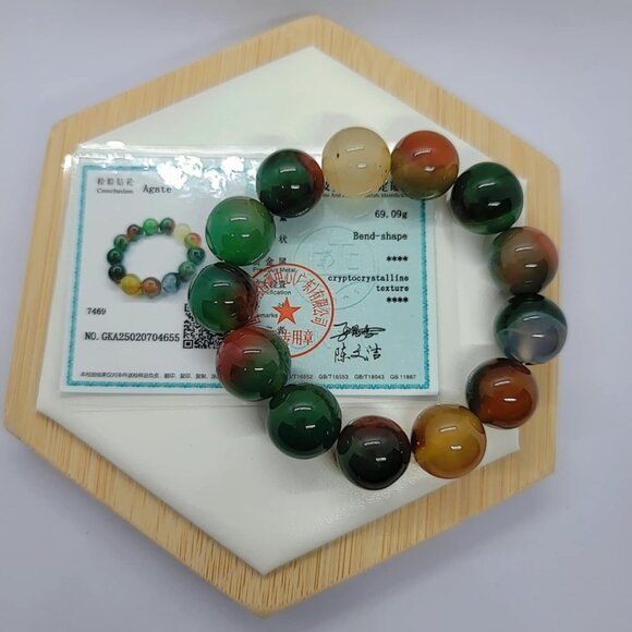 Genuine Natural Multicolor Agate Bracelet 15mm High-Quality With Certificate - Picture 6 of 6